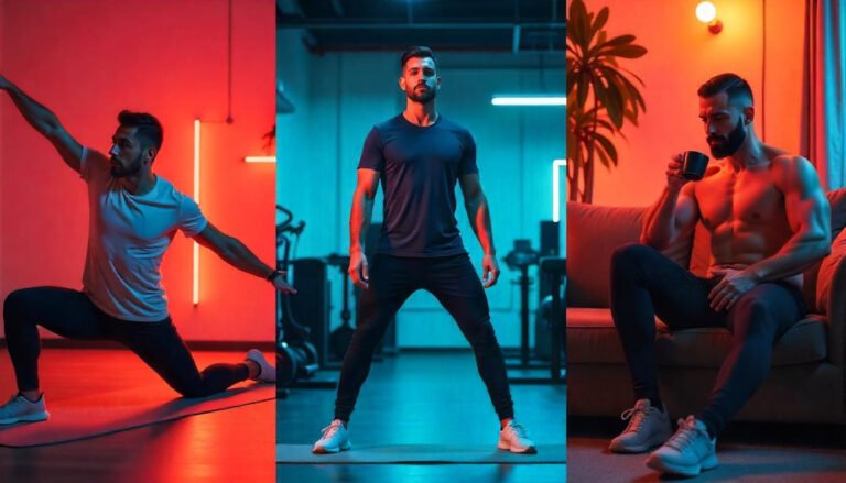 A collage of three different scenes featuring a person in various activities. The left scene shows the person stretching, wearing a white t-shirt, black pants, and white sneakers, with a red neon light in the background. The middle scene depicts the person standing with legs apart in a gym-like setting, wearing a dark blue t-shirt, black pants, and white sneakers, surrounded by blue lighting. The right scene shows the person sitting on a couch, shirtless, holding a cup, with a plant and warm lighting in the background. The composition highlights different moods and environments in which the individual is engaged.