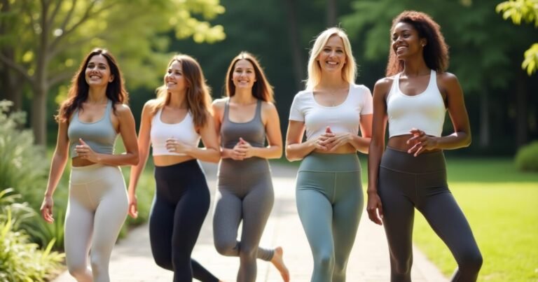 Five women walk side by side on a paved path surrounded by lush greenery, dressed in athletic wear such as leggings, tank tops, and t-shirts. Their relaxed demeanor and coordinated pace suggest a social or fitness-related activity. The outdoor setting and casual exercise attire highlight the importance of movement, camaraderie, and joint-friendly activities that support overall joint health.