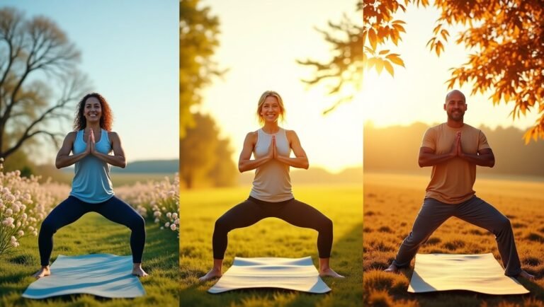 Three individuals are practicing yoga outdoors in different seasonal settings. The first person is in a spring environment with blooming flowers and green grass, wearing a light blue tank top and dark leggings. The second person is in a summer setting with bright sunlight and lush greenery, wearing a white tank top and dark leggings. The third person is in an autumn setting with golden leaves and warm sunlight, wearing a beige t-shirt and grey pants. All three individuals are performing a yoga pose with their hands pressed together in front of their chest, standing on yoga mats. This image is relevant for an article on seasonal yoga for joint pain, showcasing how yoga can be practiced in various outdoor environments throughout the year.